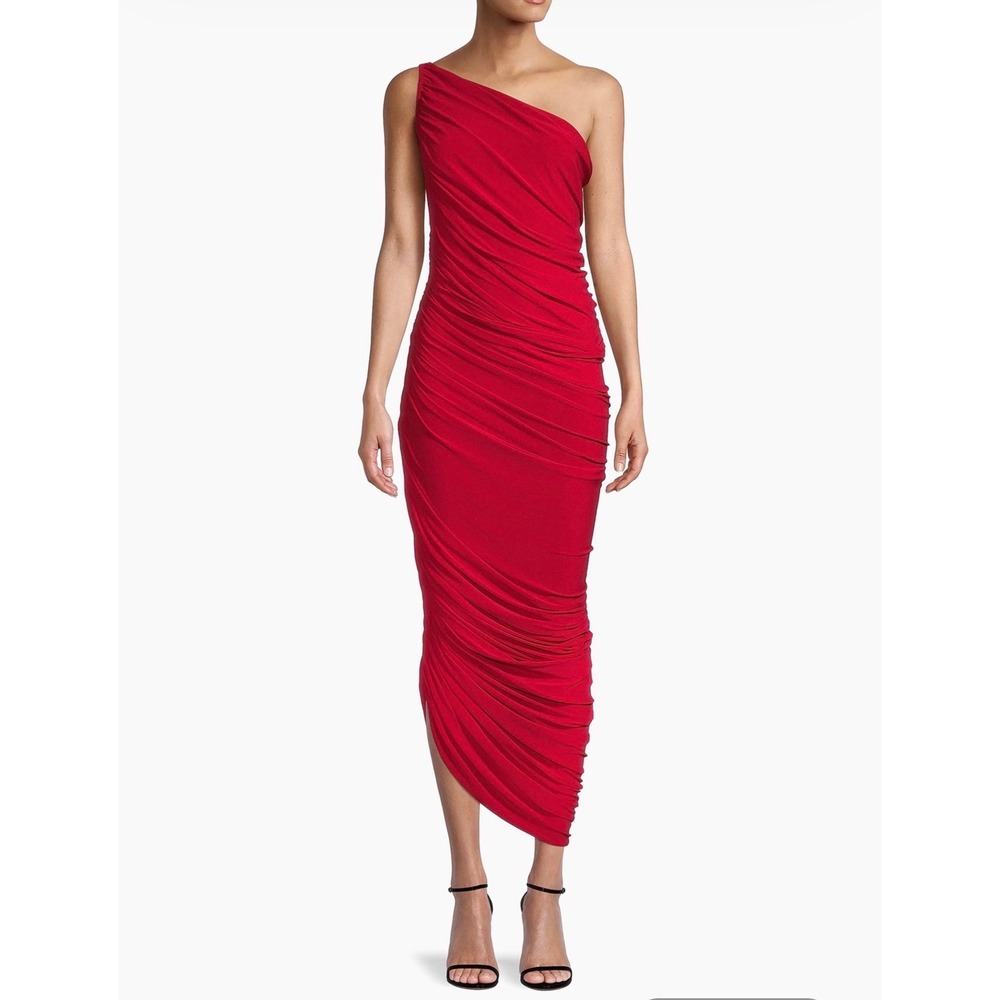 Norma Kamali Diana Gown Red One Shoulder Ruched Midi Dress Womens Size Medium